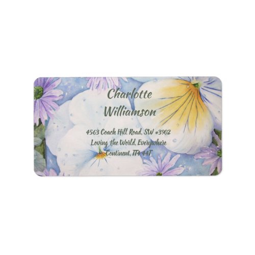 White Pansy Flowers in Watercolor Address Label