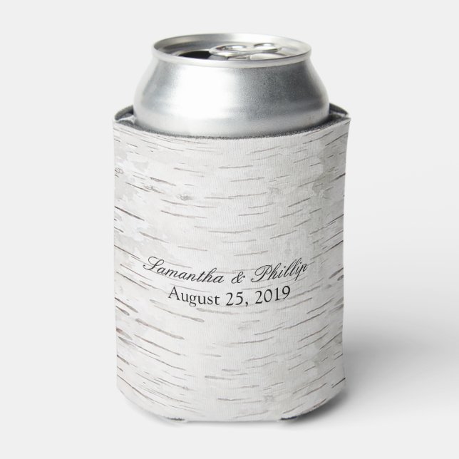 White Paper Birch Tree Bark Rustic Wood Wedding Can Cooler (Can Front)