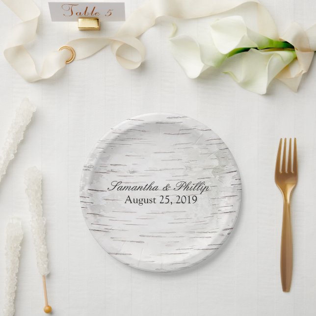 White Paper Birch Tree Bark Rustic Wood Wedding Plates (Wedding)
