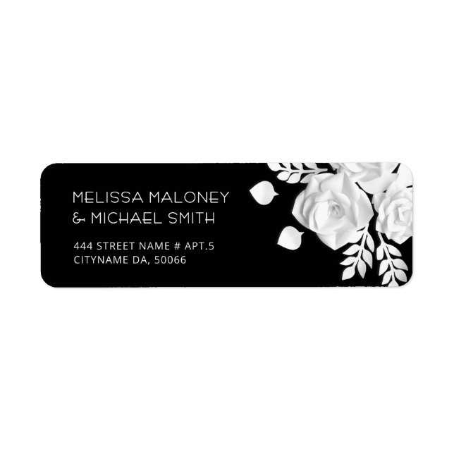White Paper Cut Roses Black Wedding Label (Front)