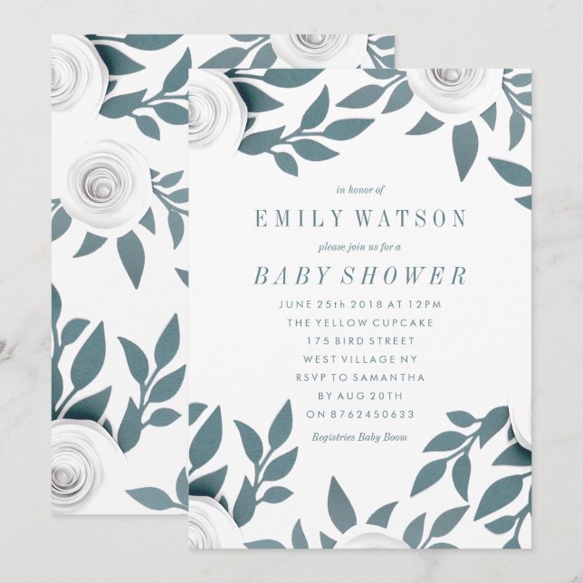 White Paper Flowers Baby Shower Invitation (Front/Back)