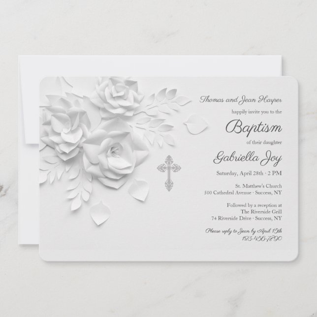 White Paper Roses Religious Invitation (Front)