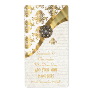 White parchment  gold damask wedding wine bottle label