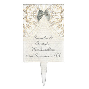White parchment lace damask wedding cake topper