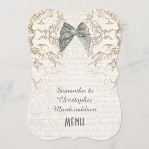 White parchment lace filigree damask wedding menu
