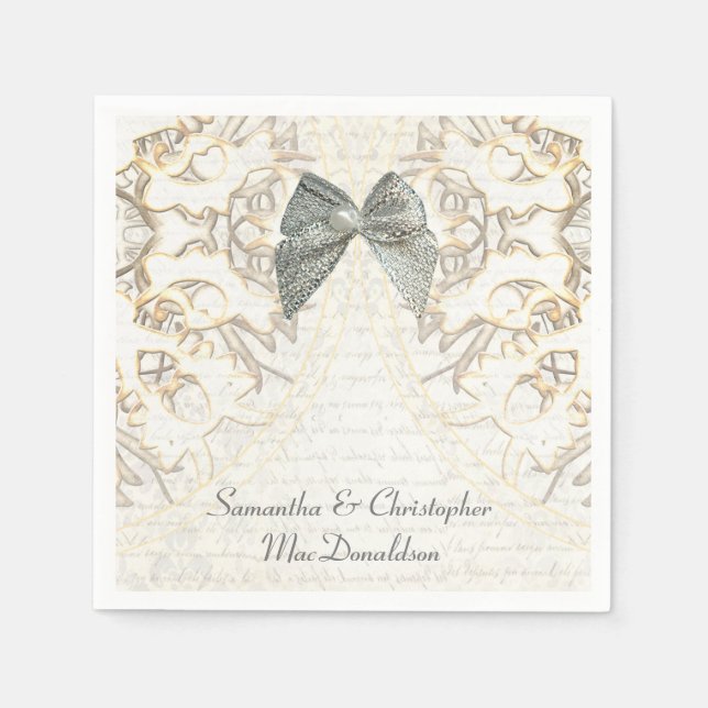 White parchment lace old damask wedding paper napkins (Front)