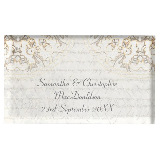 White parchment lace old damask wedding table number holder (Front)