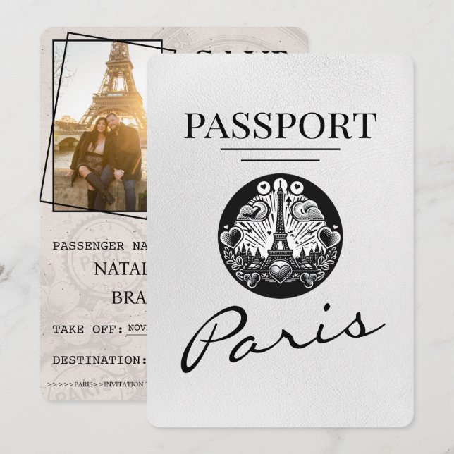 White Paris Passport Save The Date (Front/Back)