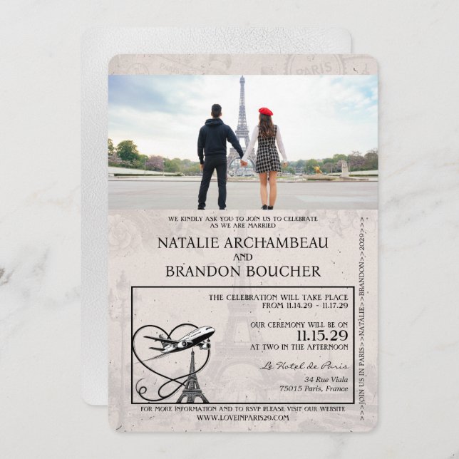White Paris Passport Wedding Invitation (Front/Back)