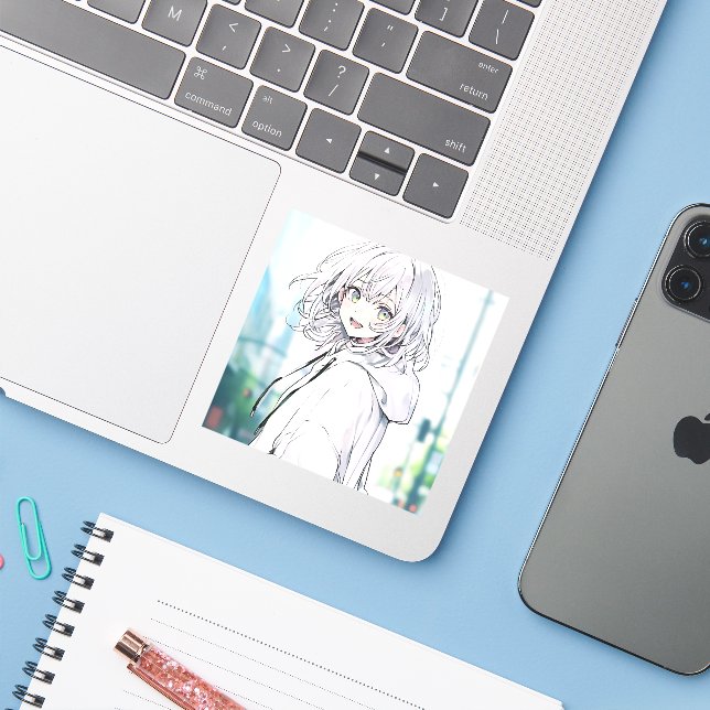 White Parker JK Sticker | Sushi Musume GenerativeA (Laptop w/ iPhone)