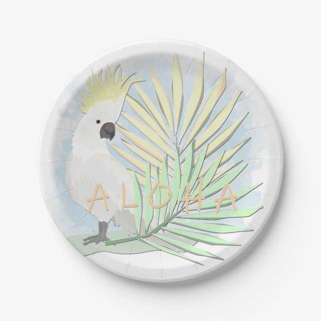 White parrot cockatoo in palm leaves. paper plates (Front)
