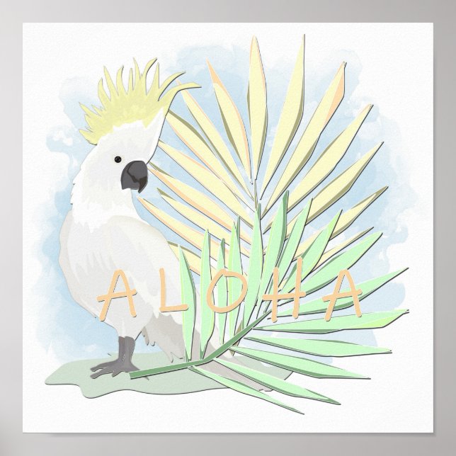 White parrot cockatoo in palm leaves. poster (Front)