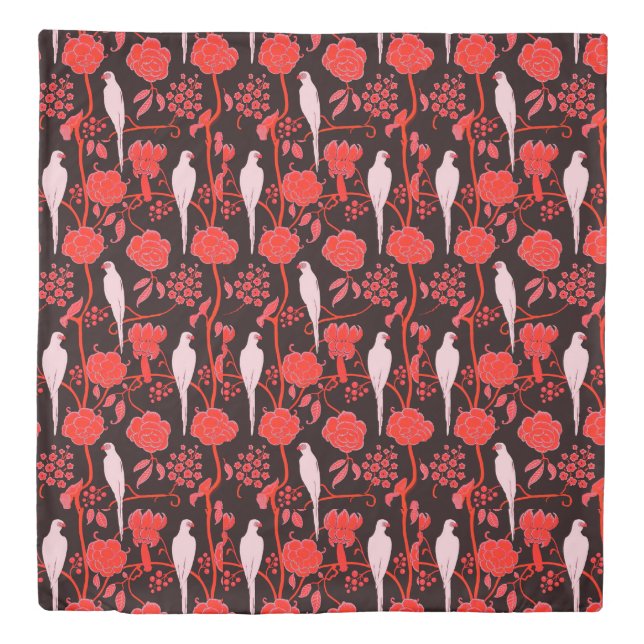 WHITE PARROTS BLACK RED FLOWERS Tropical Floral Duvet Cover (Front)