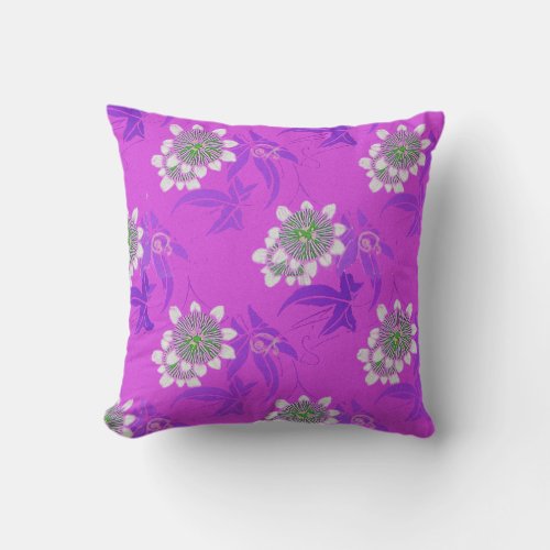 WHITE PASSION FLOWERSBLUE LEAVES FUCHSIA PURPLE THROW PILLOW