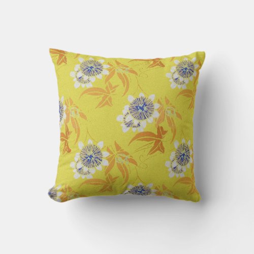 WHITE PASSION FLOWERSBLUE LEAVES FUCHSIA PURPLE THROW PILLOW