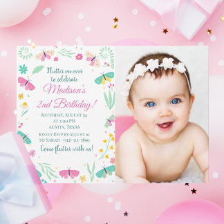 White Pastel Butterfly Girl Garden Photo Birthday Invitation