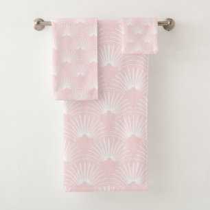 White & pastel pink art-deco pattern bath towel set