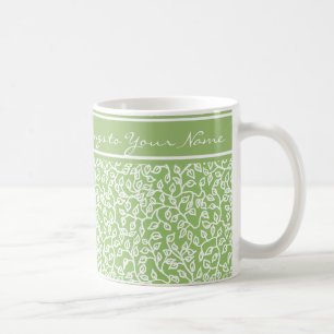 White Pattern of Leaves on Apple Green, Green Band Coffee Mug
