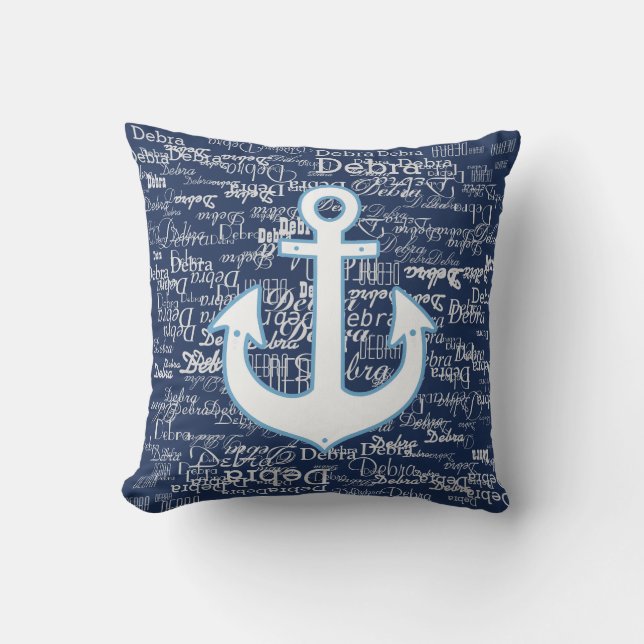 white pattern of names & boat anchor, on blue throw pillow (Front)