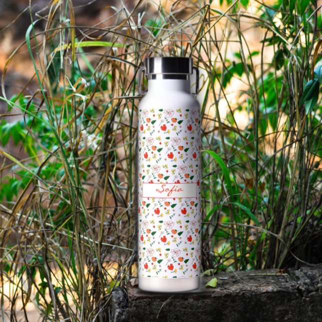 White pattern wildflowers red poppy  insulated water bottle (Creator Uploaded)