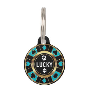 White Paw on Teal Poker Chip Personalize Pet ID Tag