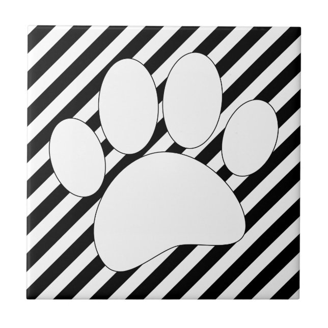 White Paw Print Black Stripes Ceramic Tile (Front)