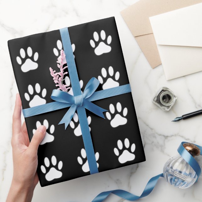 White Paw Print Cartoon Drawing Pattern Wrapping Paper (Gifting)