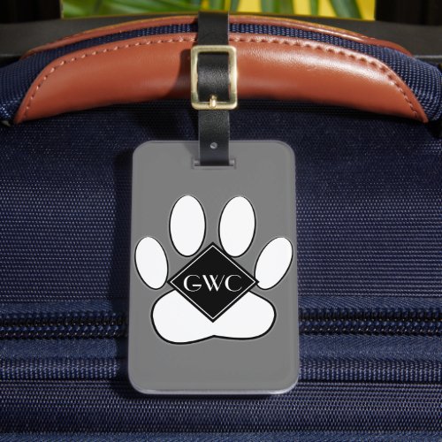 White Paw Print Custom Monogram Gray Luggage Tag