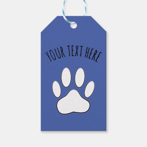 White Paw Print Custom Text Blue Gift Tags