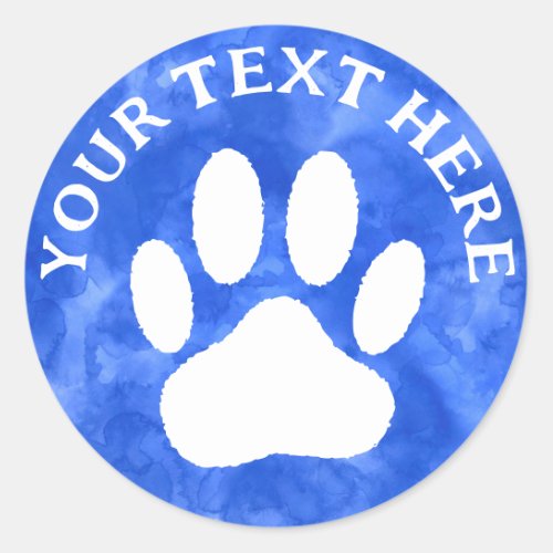 White Paw Print Custom Text Blue Watercolor Classic Round Sticker