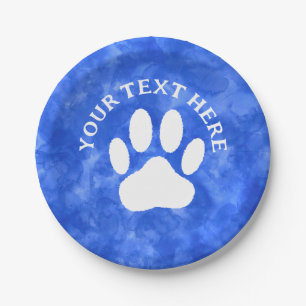 White Paw Print Custom Text Blue Watercolor Paper Plates