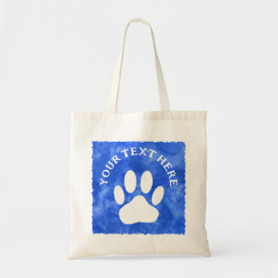 White Paw Print Custom Text Blue Watercolor Tote Bag