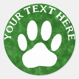 White Paw Print Custom Text Green Watercolor Classic Round Sticker