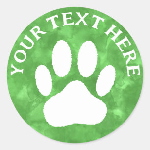 White Paw Print Custom Text Green Watercolor Classic Round Sticker