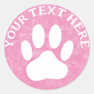 White Paw Print Custom Text Pink Watercolor Classic Round Sticker