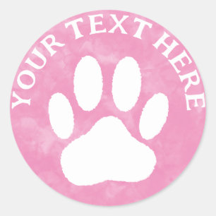 White Paw Print Custom Text Pink Watercolor Classic Round Sticker