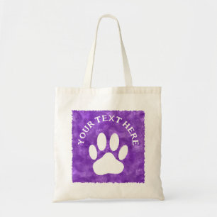 White Paw Print Custom Text Purple Watercolor Tote Bag