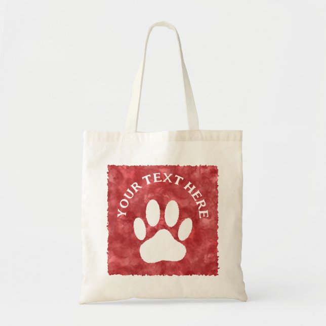 White Paw Print Custom Text Red Watercolor Tote Bag (Front)