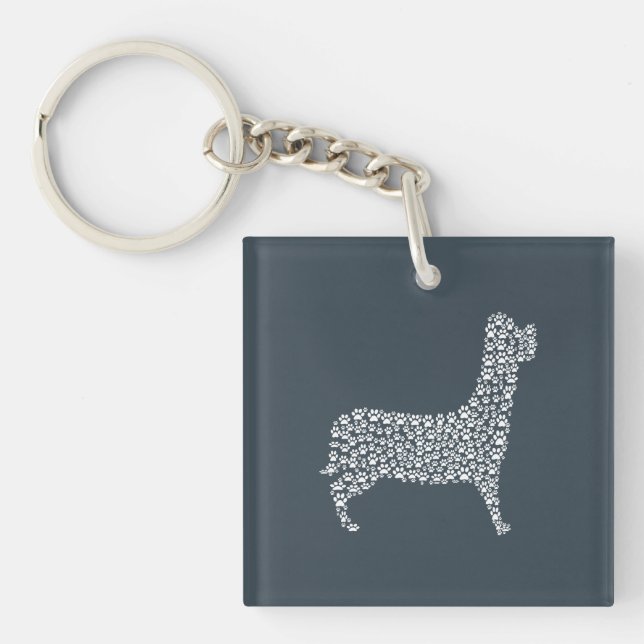 White Paw Print Dog Silhouette Pattern Fabric Keychain (Front)