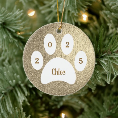White Paw Print Gold Cat Photo with Name Year Ceramic Ornament