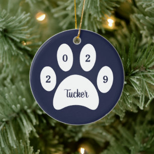 White Paw Print Navy Blue Dog Photo with Name Year Ceramic Ornament
