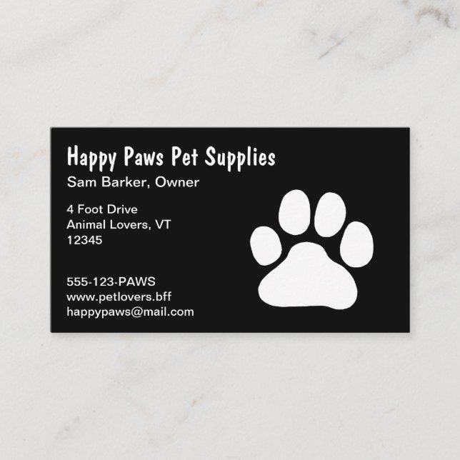 White Paw Print on Black - (Custom Text & Colors) Business Card (Front)