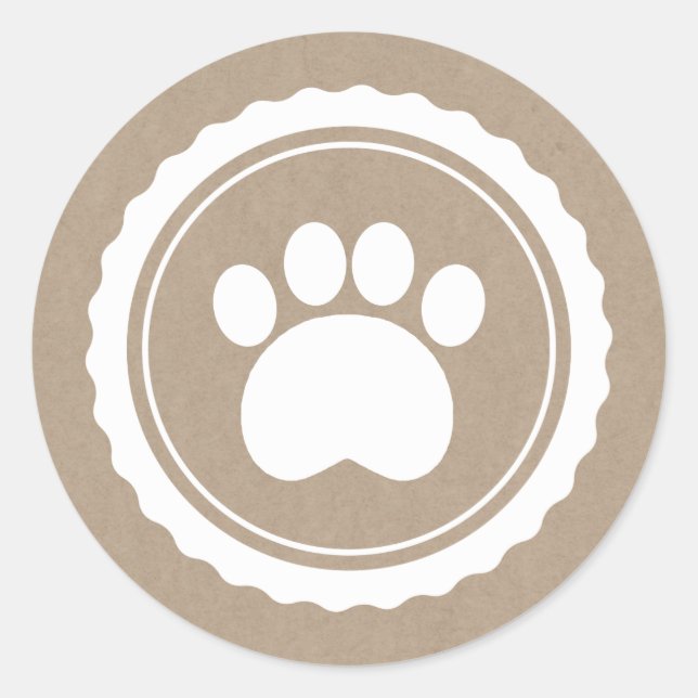 white paw print on brown paper classic round sticker (Front)
