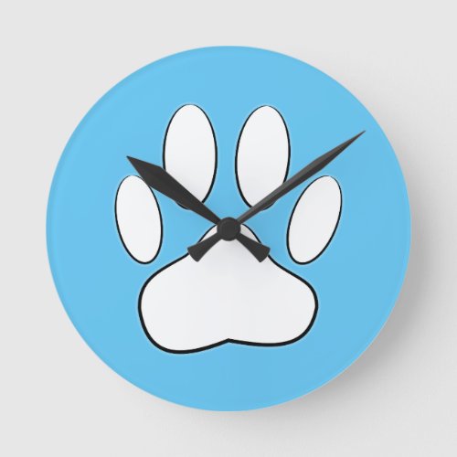 White Paw Print On Sky Blue Round Clock