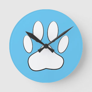 White Paw Print On Sky Blue Unique Round Clock