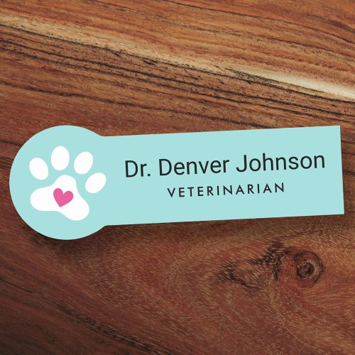 White paw print with heart teal blue veterinarian name tag