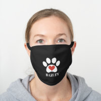 White Paw Print With Red Heart Custom Name Black Cotton Face Mask