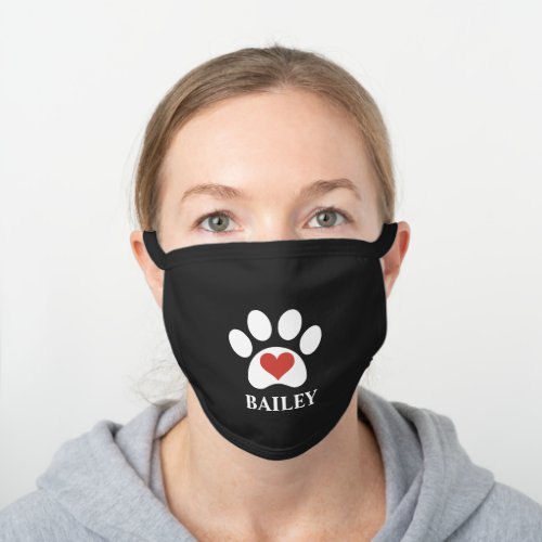 White Paw Print With Red Heart Custom Name Black Cotton Face Mask