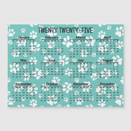 White Paw Prints 2025 Calendar Magnetic Card