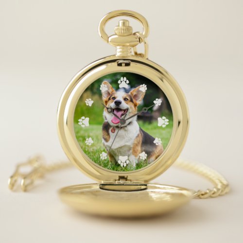 White Paw Prints Add Your Pet Photo Pocket Watch